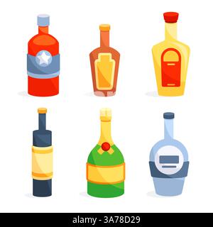 Alcohol glass bottles. Champagne, beer and brandy on white background Stock Vector