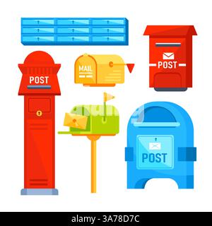 Post mail boxes set. Letter boxes for communication, mailing. Mail newsletter package delivery Stock Vector