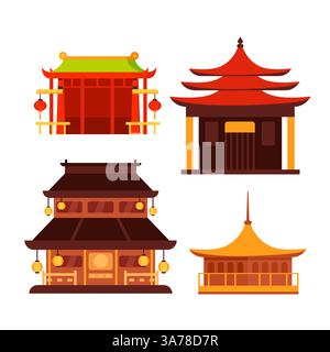 Hanok buildings isolated vector illustration set. Traditional Korean ...