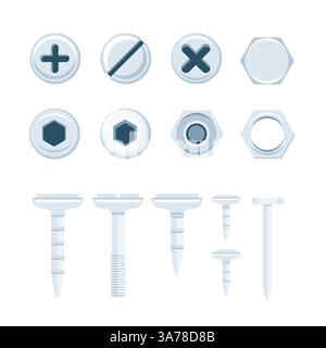 Flat nails caps. Bolt heads top view. Metal screws, nuts. Construction steel screw. Stock Vector