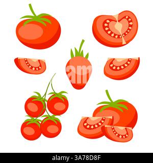 Tomato set. Red tomato collection. Whole, half and sliced Stock Vector