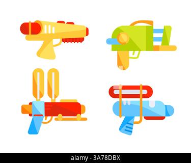 Toy guns spraying water, weapons. Plastic water pistols Stock Vector