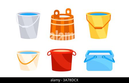 Buckets with water set. Trash bin container on white background Stock Vector