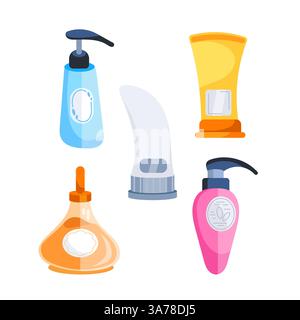 Jars with cosmetics and makeup items in bottles. Make up products. Stock Vector
