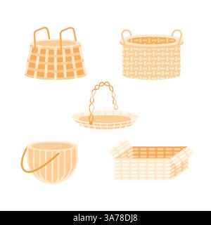 Basket set. Wicker rattan picnic basket. Handmade hampers and boxes. Stock Vector