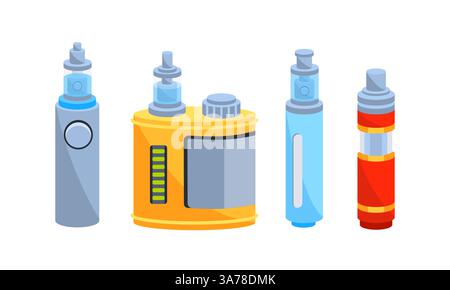 Electronic cigarettes. Types of e-cigarettes and Digital vape pen. Smoking, vaping and nicotine. Stock Vector