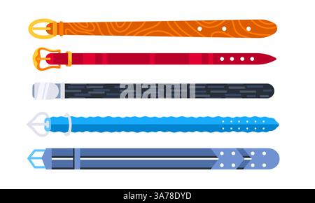 Belts with buckles. Fashionable leather belts for men and women. Elements of clothing Stock Vector