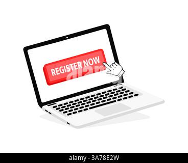 Register Now text on Laptop screen with a red button . Button with pointer clicking. Finger Pressing Stock Vector