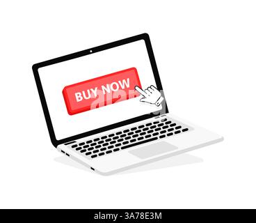Buy now text on Laptop screen with a red button . Button with pointer clicking. Finger Pressing Stock Vector