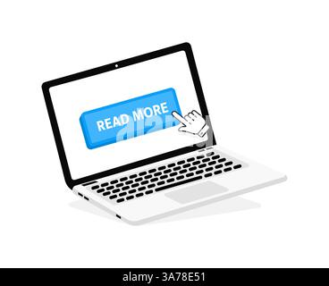 Read More text on Laptop screen with a red button . Button with pointer clicking. Finger Pressing Stock Vector