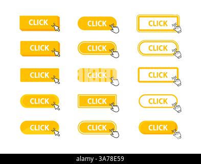 Click Button with pointer clicking. Web button. Finger Pressing. Click to Click here Concept. Vector illustration Stock Vector