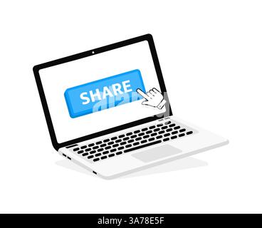 Share text on Laptop screen with a red button . Button with pointer clicking. Finger Pressing Stock Vector