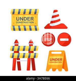 Under construction sign. Traffic Road barriers set. Wrong way stop. Closed road blocks. Stock Vector