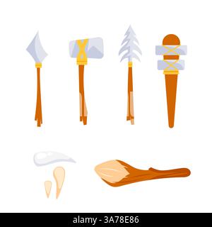 Stone Age Tools For Hunting. Ancient stone weapons. Primitive axe and bow. Hunting knife. Stock Vector