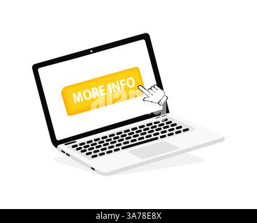 More info text on Laptop screen with a red button . Button with pointer clicking. Finger Pressing Stock Vector