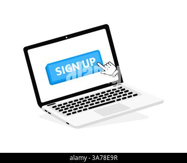 Sign UP text on Laptop screen with a red button . Button with pointer clicking. Finger Pressing Stock Vector