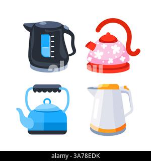 Tea kettles set. Kitchen tableware collection. Electric teakettle. Classic porcelain teapot Stock Vector
