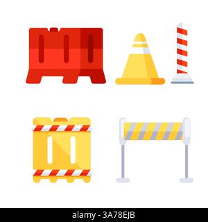 Road repair barriers set. Construction fences. Safety barricade warning, warning detour. Stock Vector