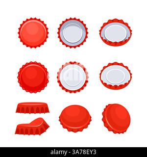 Set of red bottle caps showing different positions, opened and closed, top view and perspective Stock Vector