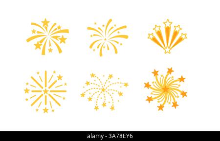 Set of stylized firework icons exploding with bright yellow sparks and stars on white background Stock Vector