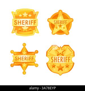 Four golden sheriff badges with stars are representing law enforcement in wild west Stock Vector