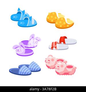 Set of home slippers for the whole family. Warm light shoes. Fluffy and soft. Stock Vector