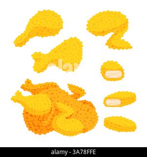 Fried chicken meat menu set made with small yellow dots, viewed from above on a white background Stock Vector