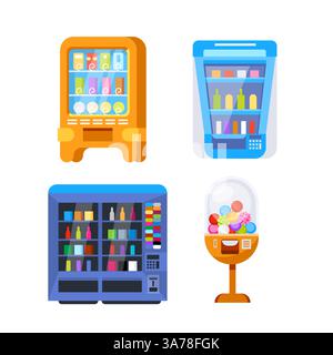 Colorful set of vending machines offering snacks and beverages for sale in a store or mall Stock Vector