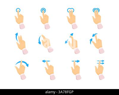 Touch screen hand gestures set. Like swipe, scroll and pinch. Stock Vector