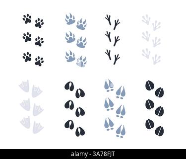 Animal and bird trace steps set. Animal tracks. Paw prints. Stock Vector