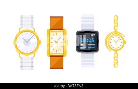 Set of four wristwatches showcasing a range of styles, from classic analog to modern smartwatch, highlighting the evolution of timekeeping Stock Vector