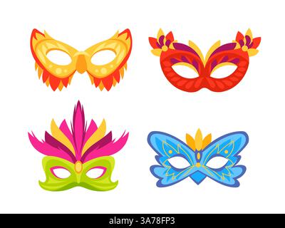 Carnival mask set. Masquerade colorful masks with feathers, flower Stock Vector