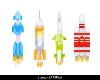 Featuring four different spacecraft models standing on launchpads and ready for take off Stock Vector