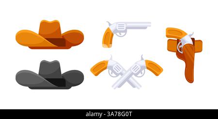 Illustration featuring cowboy hats and revolvers, symbolizing the adventure and freedom of the american west Stock Vector