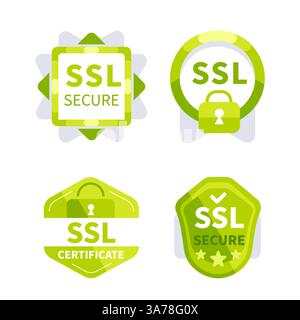 Four green icons are representing ssl security certificates and secured internet connection Stock Vector