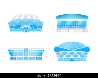 Set of four modern stadiums and arenas with sleek designs, showcasing the world of sports and entertainment Stock Vector