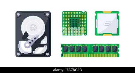 Essential computer hardware components laying on a white background including cpu, gpu, ram and hard drive Stock Vector
