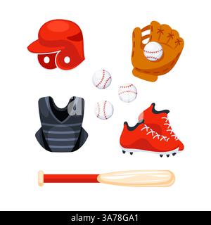 Set of baseball equipment lying on the ground, including a bat, a glove, a helmet, balls, shoes and a chest protector Stock Vector