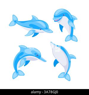 Four cute cartoon dolphins in different poses swimming and jumping on a white background Stock Vector