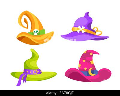Four colorful witch hats showing halloween symbols are isolated on a white background Stock Vector