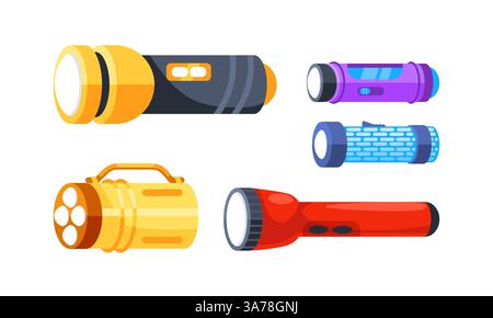 Five different flashlights lighting up the dark, perfect for camping, power outages, or emergencies Stock Vector