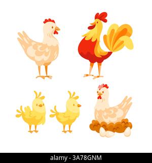 Cartoon illustration featuring a rooster, a hen, two chicks, and a hen sitting on a nest with eggs Stock Vector