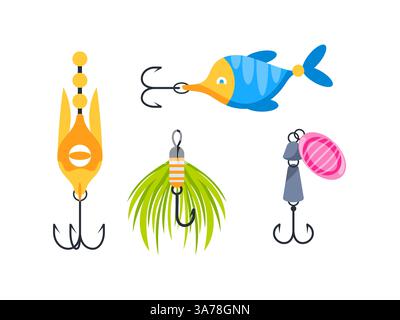 Different types and shapes of fishing lures with sharp hooks, for catching fish in freshwater or saltwater Stock Vector