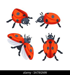 Four cute cartoon ladybugs posing in different ways, great for children books or nature Stock Vector