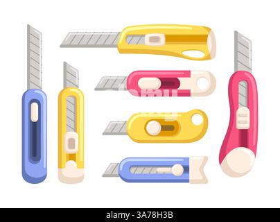 Collection of colorful utility knifes with sharp blades for cutting paper, cardboard and thin plastic materials isolated on white background Stock Vector