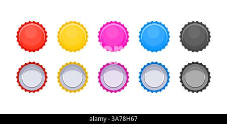 A set of colorful caps with a white background. The caps are in different colors, including red, yellow, pink, blue, and black. Stock Vector