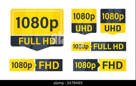 Set of full hd 1080p screen resolution icons, indicating high definition video quality Stock Vector
