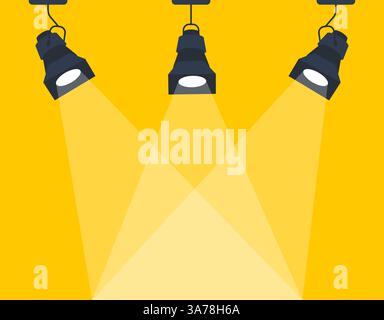 Three spotlights are shining on a bright yellow background, creating a dramatic and captivating scene Stock Vector