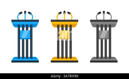 Set of podium tribune rostrum stands with microphones for conference or public speaker is isolated on white background Stock Vector