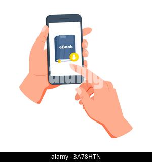 Hands are holding smartphone and finger is pressing download button on ebook cover, downloading electronic book from online store Stock Vector